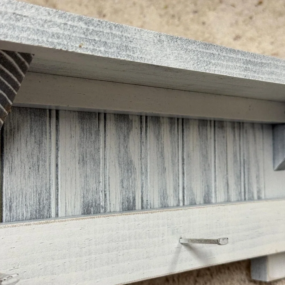 Rustic Distressed White Wood Wall Shelf with 3 Nail Hooks Farmhouse Decor 18in
